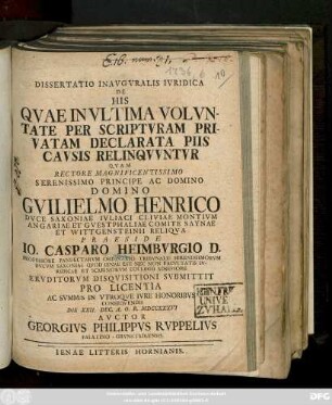 Dissertatio Inavgvralis Ivridica De His Qvae In Vltima Volvntate Per Scriptvram Privatam Declarata Piis Cavsis Relinqvvntvr