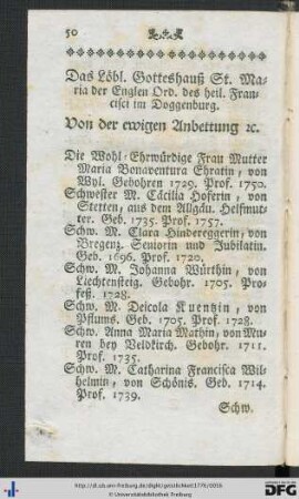 Das Löbl. Gotteshauß St. Maria der Englen Ord. des heil. Francisci im Doggenburg.