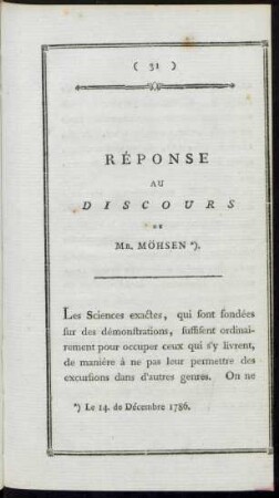 Réponse Aux Discours De Mr. Möhsen