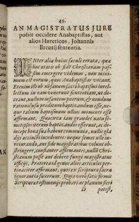 An Magistratus Iure possit occidere Anabaptistas, aut alios Haereticos, Iohannis Brentii sententia