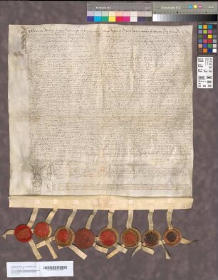 Notarieele huwelijksvoorwaarden van Peter Ernst, Graaf van Mansvelt, en Margaretha van Brederode, 1 April 1542. In het Latijn. Perkament met een stuk van een uithangend zegel en 7 uithangende zegels.