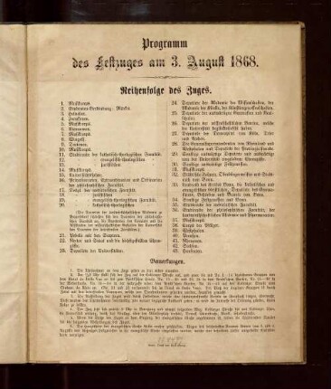 Programm des Festzuges am 3. August 1868 : Stiftungsfeier der Königlich-Preussischen Rheinischen Friedrich-Wilhelms-Universität