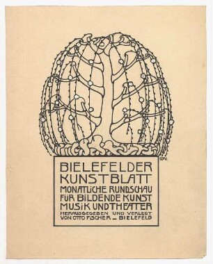 Coverentwurf für Bielefelder Kunstblatt : Stilisierter Baum mit Wurzelgeflecht, darunter Schriftblock; signiert