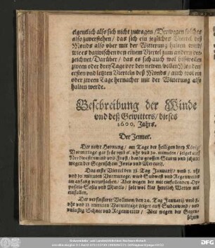 Beschreibung der Winde vnd deß Gewitters/ dieses 1600. Jahrs.