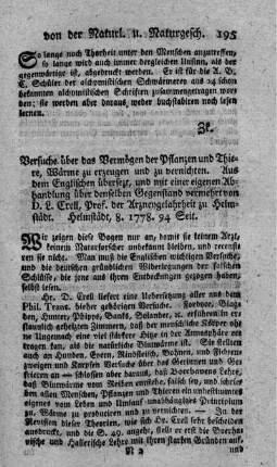 : Versuch über das Vermögen der Pflanzen und Thiere, Wärme zu erzeugen und zu vernichten.