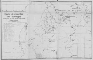 Mines Domaniales françaises de la Sarre. Carte d'ensemble des sondages exécutés dans le bassin houiller sarro-lorrain.