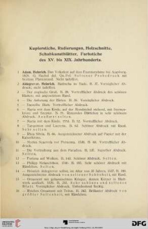 Kupferstiche, Radierungen, Holzschnitte, Schabkunstblätter, Farbstiche des XV. bis XIX. Jahrhunderts (Nr. 1-439)