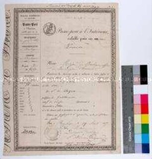 Französischer Ausweis für Leopold Hermann von Boyen zur Reise von Boulogne-sur-Mer nach Paris (in französischer Sprache)