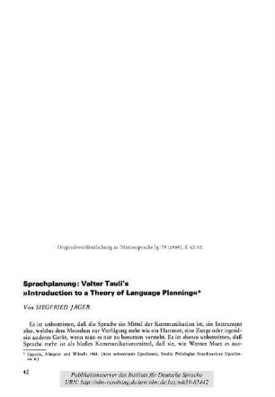 Sprachplanung: Valter Tauli's »Introduction to a Theory of Language Planning«