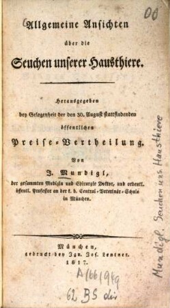 Allgemeine Ansichten über die Seuchen unserer Hausthiere