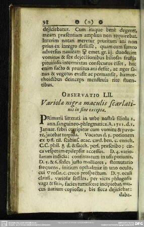Observatio LII. Variolae nigrae maculis scarlatinis in fine exceptae