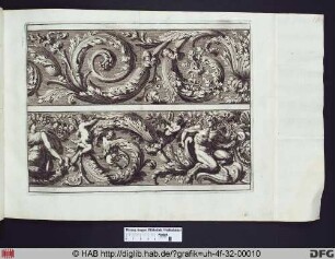 Engel und ornamentale Pflanzenelemennte, im unteren Bereich zwei weitere Figuren, die rechte ein Satyr.