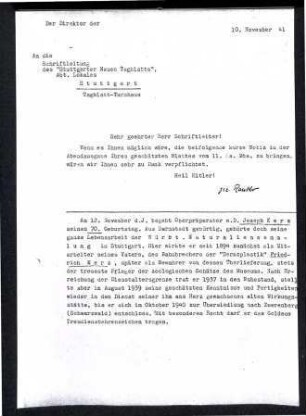 Schreiben von Rauther an die Schreiftleitung des "Stuttgarter Neuen Tagblatts"