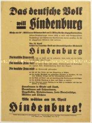 Aufruf des Deutschen Frauenausschusses für die Hindenburgwahl zur Wahl von Paul von Hindenburg zum Reichspräsidenten 1932