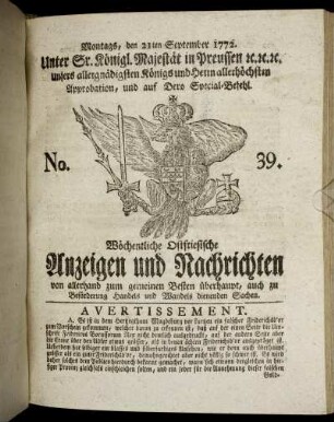 No. 39. Montags, den 21ten September 1772.