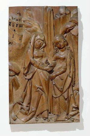 Heimsuchung, aus einer Gruppe mit vier Szenen des Marienlebens vom Marienaltar der Kirche Heilig Kreuz in Coburg. Zugehörig: Maria auf der Mondsichel und zwei Engel