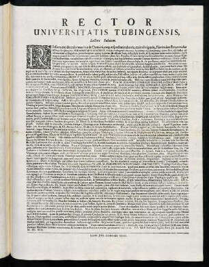 Rector Universitatis Tubingensis, Lectori Salutem : Rursum cecidit columna in aede Domini ...