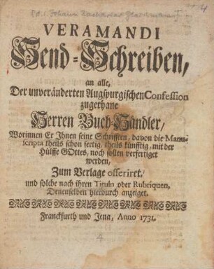 Vermandi Send-Schreiben, an alle, Der unveränderten Augsprugischen Confession zugethane Herren Buch-Händler