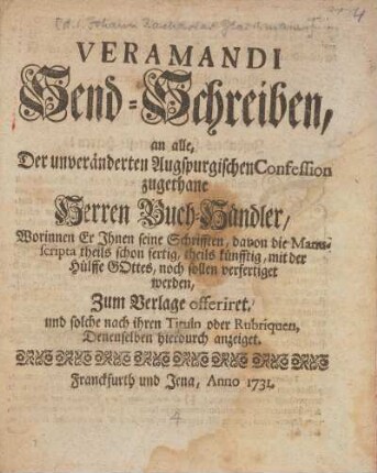 Vermandi Send-Schreiben, an alle, Der unveränderten Augsprugischen Confession zugethane Herren Buch-Händler