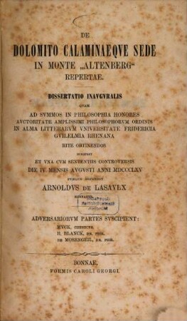 De Dolomito Calaminaeque sede in monte "Altenberg" repertae : dissertatio inauguralis