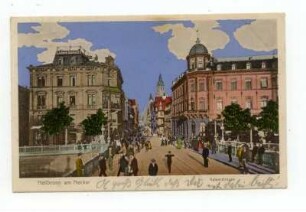 Blick von der Neckarbrücke in die untere Kaiserstraße mit Hauptpost, im Hintergrund der Kiliansturm