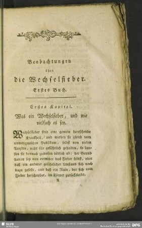 Beobachtungen über die Wechselfieber. Erstes Buch