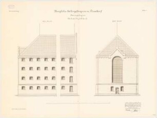 Zellengefängnis, Düsseldorf Männergefängnis: Giebel-, Seitenansicht des A- bzw. C-Flügels 1:50