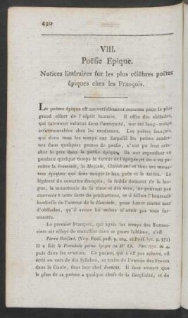VIII. Poesie Epique. Notices littéraires sur les plus célèbres poetes épiques chez les Francois