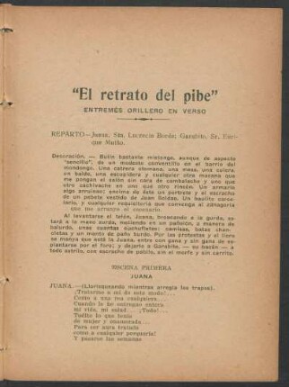 "El retrato del pibe" : Entremés orillero en verso