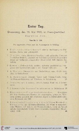 Erster Tag: Donnerstag, den 19. Mai 1927 (Nr. 1-150)