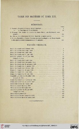 Table des matières du tome XIII