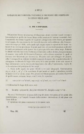 Rotazione di un sistema variabile di tre masse che verificano la legge delle aree.
