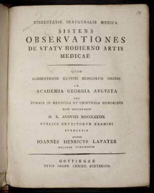Dissertatio Inauguralis Medica Sistens Observationes De Statu Hodierno Artis Medicae