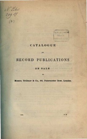 Catalogue of Record Publications on sale by Messrs : Trübner & Co., 60, Paternoster Row, London. 3