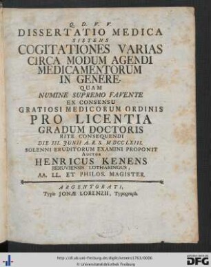 Dissertatio Medica Sistens Cogitationes Varias Circa Modum Agendi Medicamentorum In Genere
