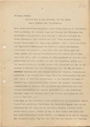 [W199]: Der Haß ist so gut erlaubt als die Liebe : Georg Büchner zum 150. Todestag