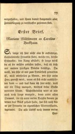 Erster Brief. Mariane Mühlmann an Caroline Berkhaus