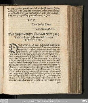 Von den fürnemesten Planeten dieses 1581. Jars/ nach ihrer hoheit vnd wierden/ wie sie Regieren werden.