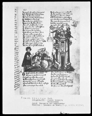Jacobus Palladini de Anacharano, Prozeß des Teufels Belial mit Christus — Miniatur: Turmbau zu Babel, Folio 19recto