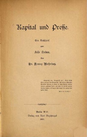 Kapital und Presse : Ein Nachspiel zum Falle Lindau