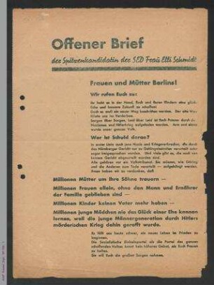 Offener Brief der Spitzenkandidatin der SED Frau Elli Schmidt