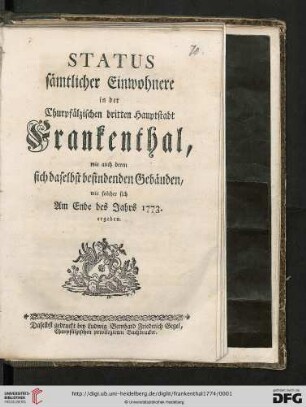 Status sämtlicher Einwohnere in der Churpfälzischen dritten Hauptstadt Frankenthal, wie auch deren sich daselbst befindenden Gebäuden, wie solcher sich Am Ende des Jahrs 1773. ergeben