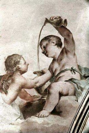Pendentif über der Temperantia-Statue: Putti mit Einhorn und Trinkgefäß