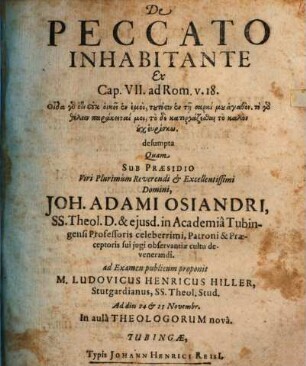 Disputatio Theologica De Peccato Inhabitante : Ex Cap. VII. ad Rom. v. 18. ... desumpta