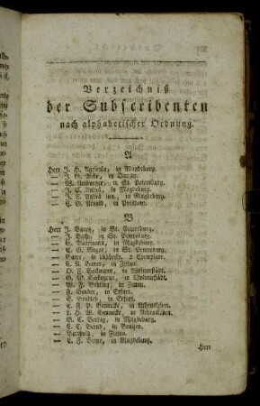 Verzeichniß der Subscribenten nach alphabetischer Ordnung.