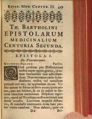 Thomae Bartholini Epistolarum Medicinalium : à Doctis vel ad Doctos scriptarum, 2