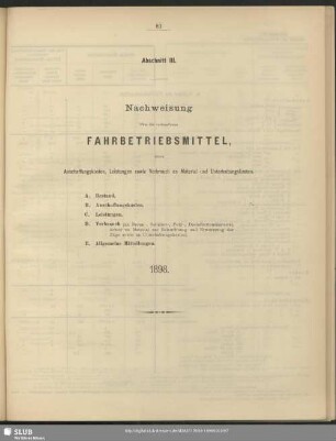 Abschnitt III. Nachweisung über die vorhandenen Transportmittel, deren Anschaffungskosten, Leistungen, sowie Verbrauch an Material und Unterhaltungskosten