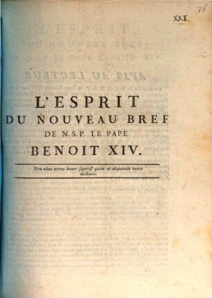 L' esprit du nouveau Bref de N. S. P. le pape Benoit XIV