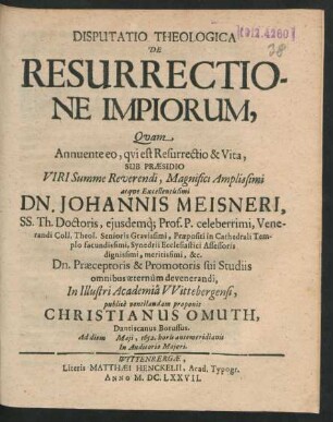 Disputatio Theologica De Resurrectione Impiorum