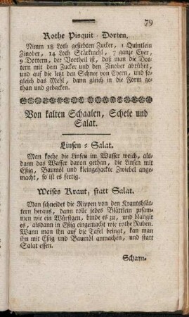Von kalten Schaalen, Schele und Salat.